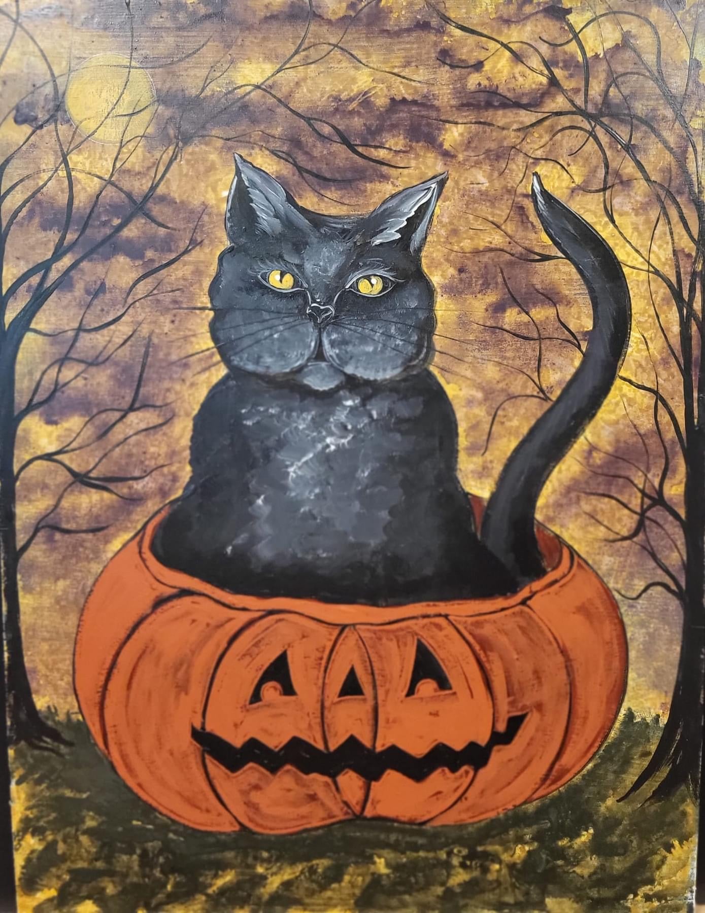 Folk Art Cat in Jack-O-Lantern